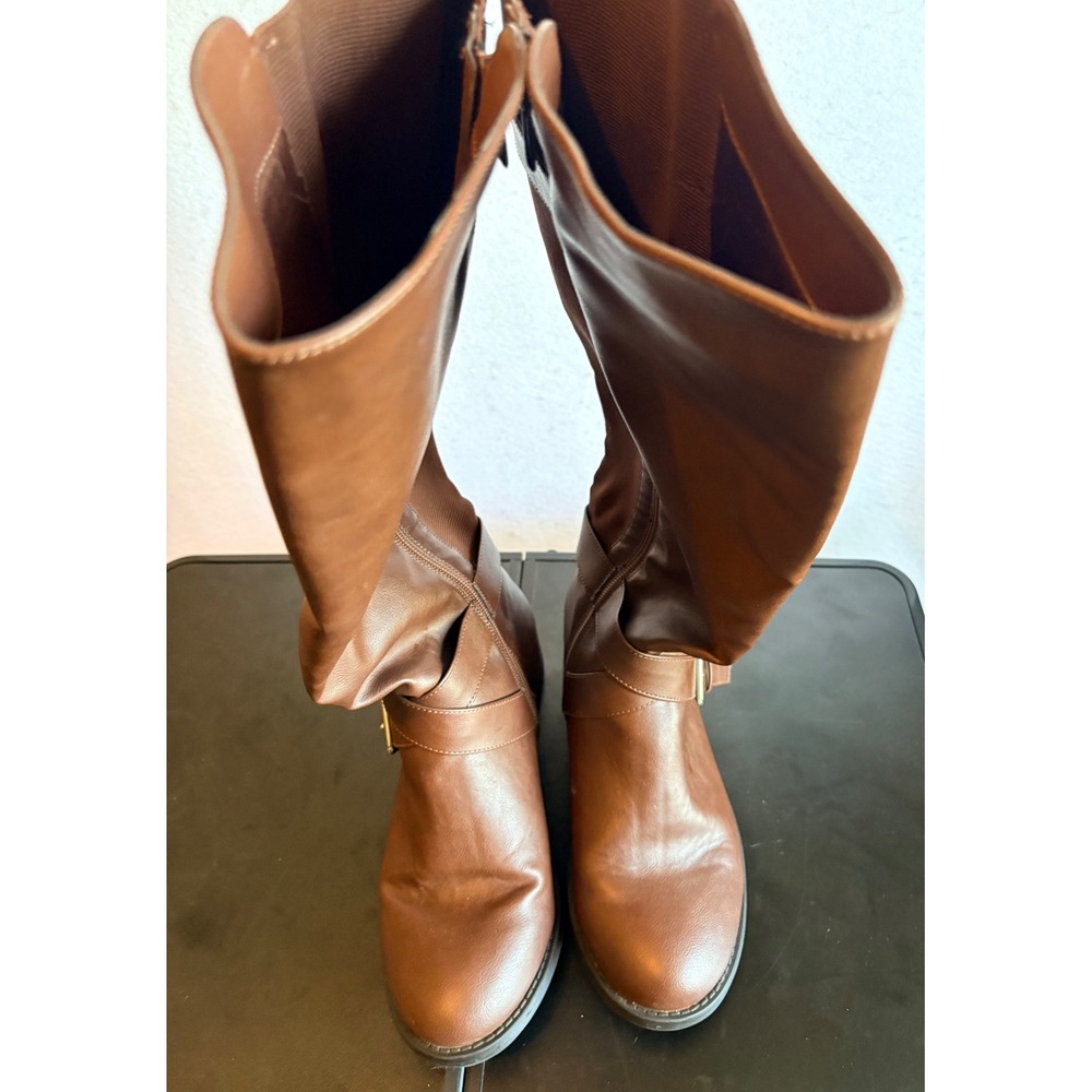 Torrid Womens 9WW Cognac Brown Faux Leather Buckle Knee Riding Boots Wide Width